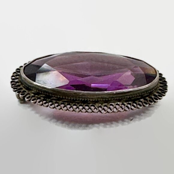 Art Deco, Sterling Silver, Brooch, Edwardian, 20s, 30s, Purple, Faux Amethyst